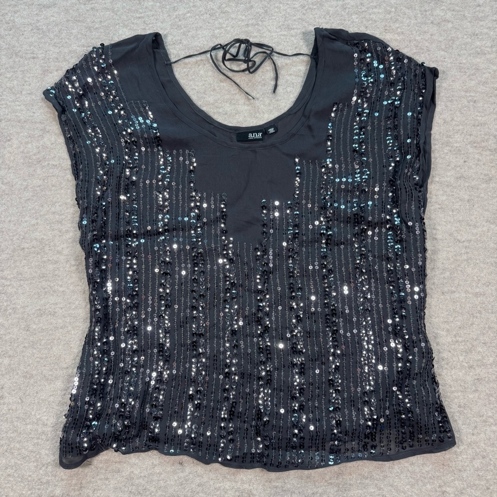 a.n.a Black Sequin Cap-Sleeve Evening Blouse